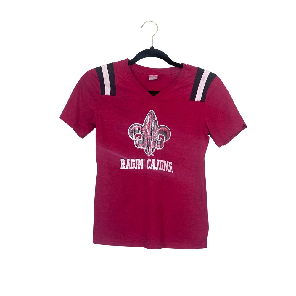 Girls UL Ragin Cajuns T-Shirt Youth XL Sequin Logo V-Neck Tee